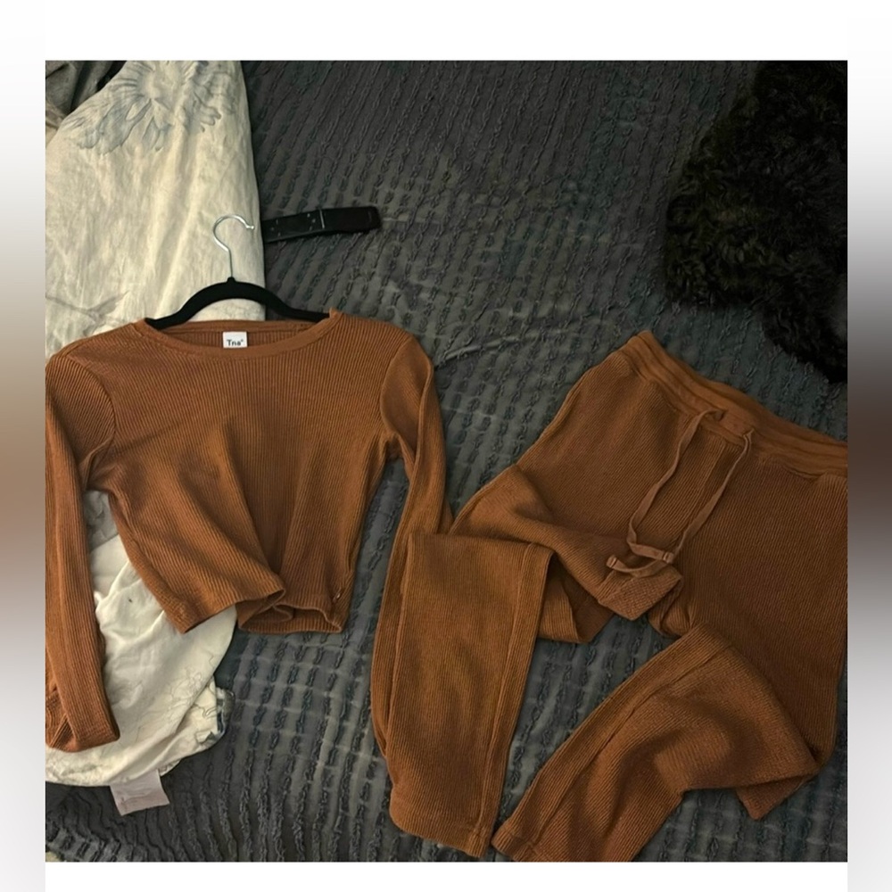 TNA Brown Ribbed Long Sleeve Crop Top & Jogger Set
